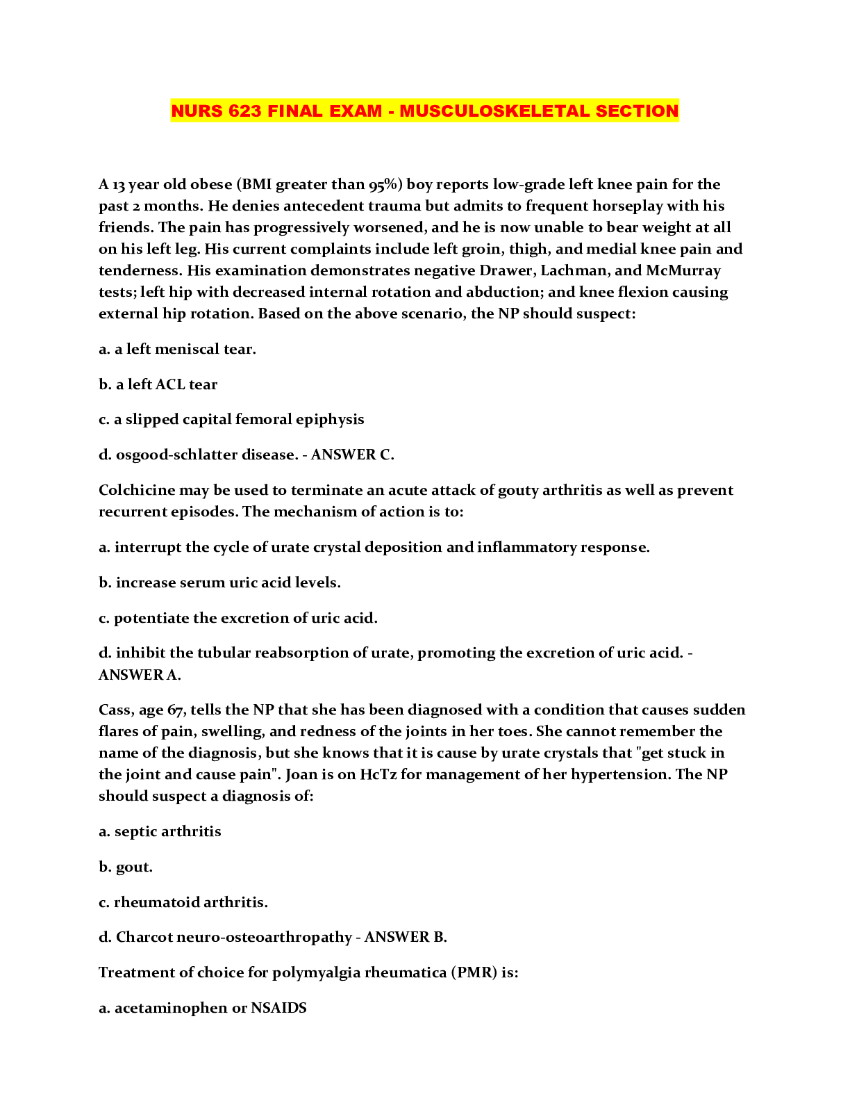 Preview image of NURS 623 FINAL EXAM - MUSCULOSKELETAL SECTION document